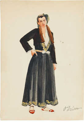 Дейнеко Ольга Константиновна. Эскиз костюма в чёрном (на оборотной стороне эскизы костюмов)